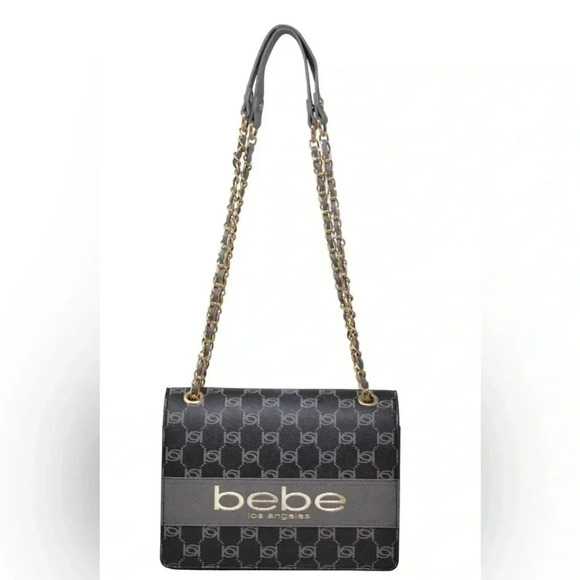 Brand New Designer Bebe Black & Gold Serena Flap Monogram Shoulder Bag. - Picture 1 of 10